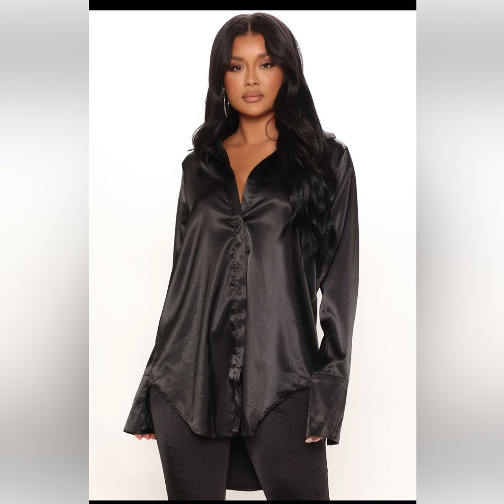 Long black satin button up shirt